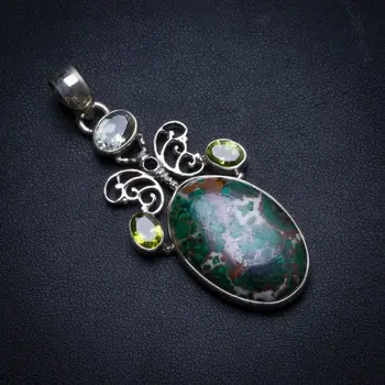 

Natural Geode Chrysocolla,Green Amethyst and Peridot Boho 925 Sterling Silver Pendant 2 1/4" U0254