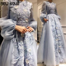 Мусульманское голубое платье с вышивкой для выпускного вечера, кружевное вечернее платье с бисером на заказ для Дубая, арабское платье-кафтан