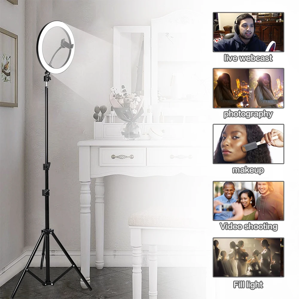 Фотография Youtube светодиодный селфи холодный теплый светильник ing Dimmable светодиодный светильник-кольцо для телефона видео светильник с кольцо для штатива заполняющий светильник