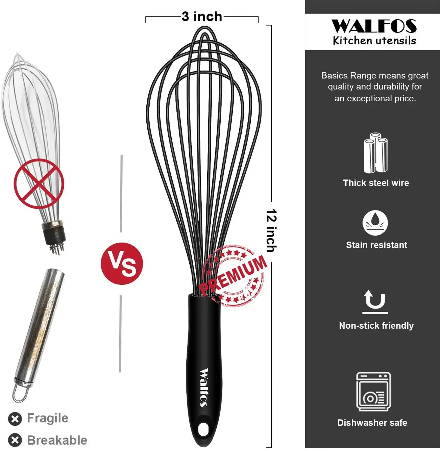 WALFOS Stainless Steel Non Stick Manual Milk Frother Egg Beater Whisk Cake Baking Dough Mixer Cream Blender Kitchen Accessories