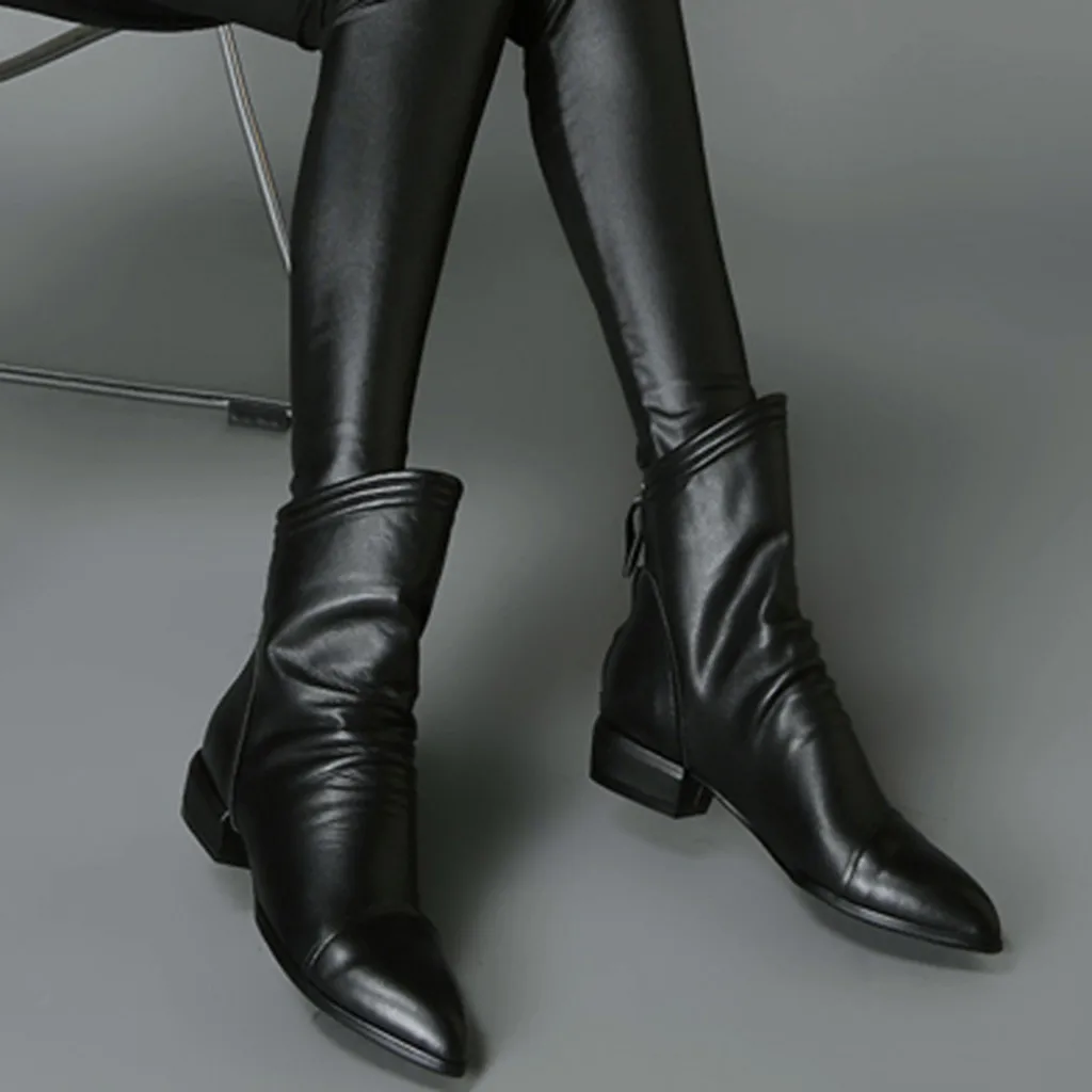 

35#New Fashion Women Zipper Soild Round Toe Square Heel Shoes Party Casual Boots