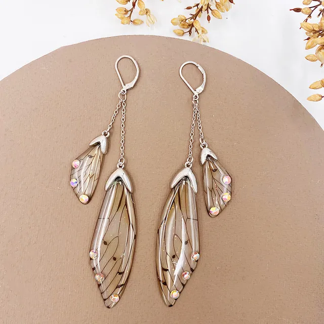 Fairy Resin Butterfly Earrings for Women Shining Crystal Flake Double Wing Long Drop Earrings Ladies Wedding Party Jewelry 2020 Silver-Brown