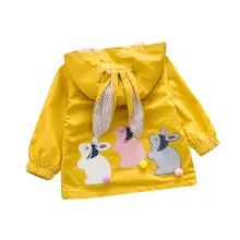 Непродуваемое пальто с капюшоном для девочки преддошкольного возраста с рисунком кролика и ушками модная верхняя одежда в стиле пэчворк для маленьких девочек, осенняя повседневная куртка