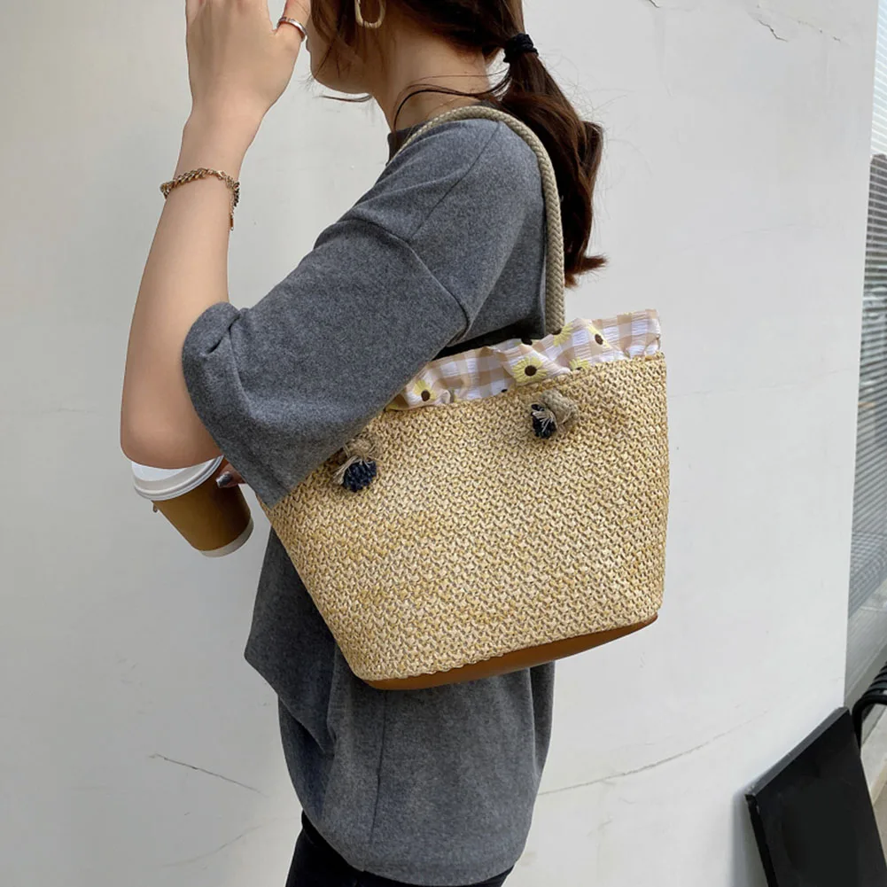 Vintage Lace Straw Woven Patchwork Women Underarm Shoulder Bag Summer Casual Beach Vacation Large Capacity Ladies Daily Handbags
