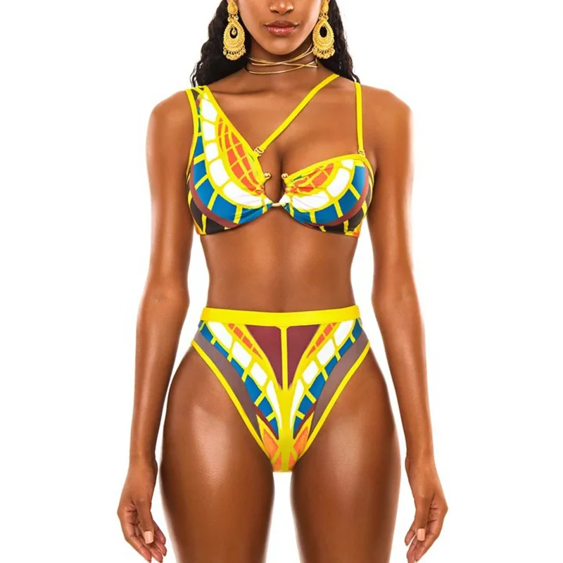 

2024 African Dashiki Print Female Swimsuit High Waist Bikini Women Swimwear Two pieces Bikini set Asymmetric Bathing Suit Swim