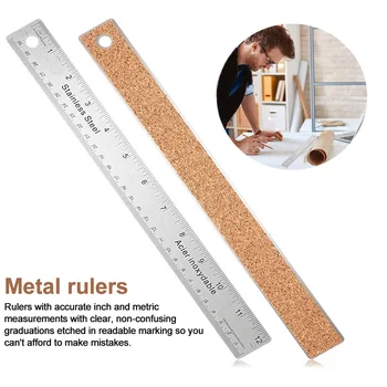 

Portable Measuring School Flexible Metal Rulers Engineering Non Slip Inch And Metric Straight Edge Cork Base Stainless Steel
