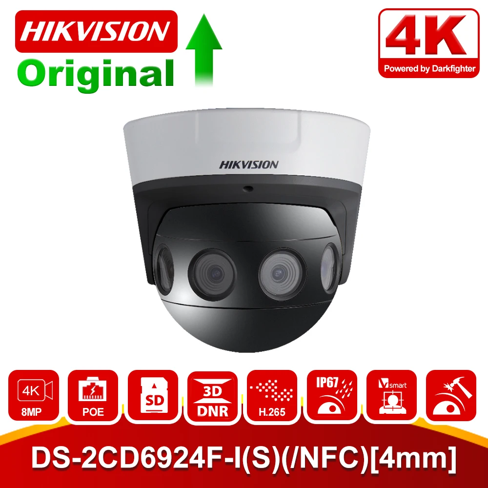 

Original Hikvision 8 MP 4K PanoVu Series Panoramic Dome Camera DS-2CD6924F-I(S)(/NFC)[4mm] 4pcs 4mm Lens PoE IP Camera