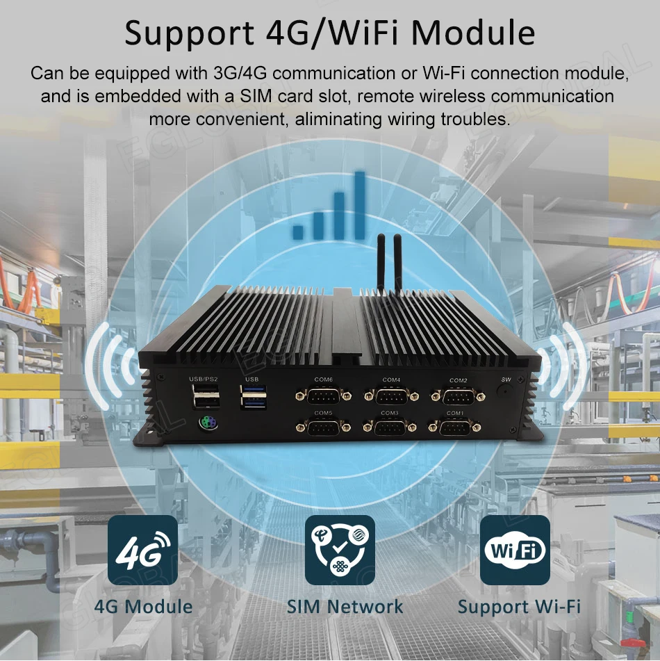 Elevate Your Operations with the Eglobal Industrial Fanless Mini PC - 6 COM, 2 LAN, Windows/Linux, Barebone System. Experience 7/24 Hours Working, 4 USB 2.0, 4 USB 3.0, and WIFI. Upgrade your industrial setup with this high-performance computing solution! Description Image.
