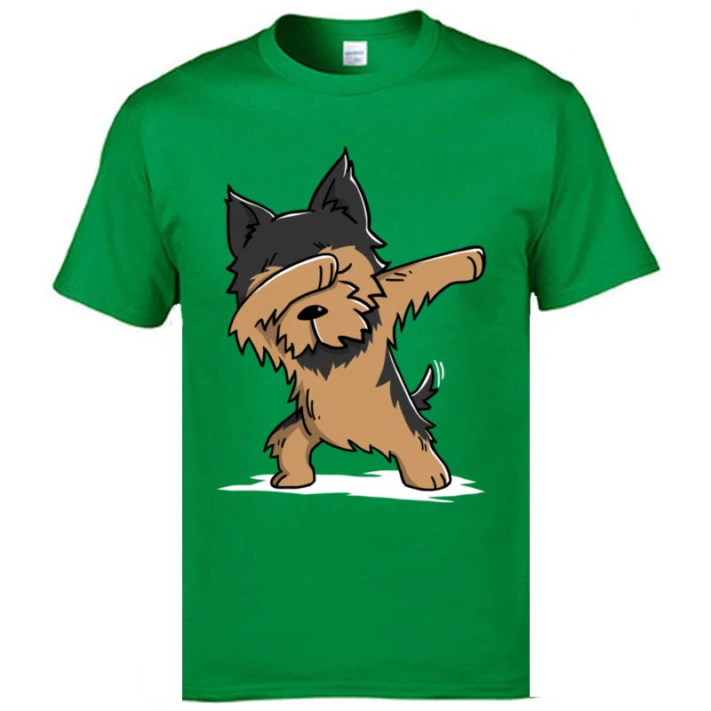 Funny_Yorkshire_Terrier_Dabbing_2296 Round Neck T-Shirt Mother Day Hip hop T Shirt Short Sleeve Funky 100% Cotton T-shirts Men's Funny_Yorkshire_Terrier_Dabbing_2296 green