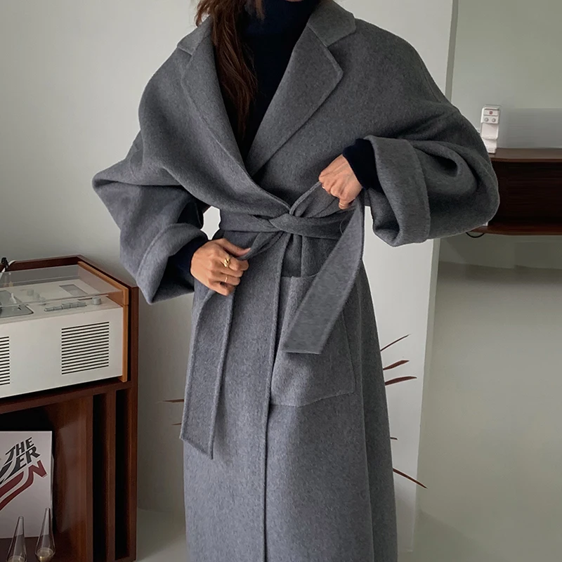 

Korea Chic Retro Temperament Senior Gray Over The Knee Long Woolen Coat Elegant Jacket