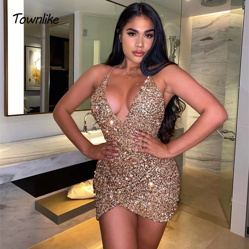 Townlike Backless Sexy Party Sequin Dress Women Glitter Club Bodycon Mini Summer Spaghetti Strap Christmas Vestidos | Женская одежда