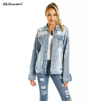 

Plus Size Ripped Denim Coat 3xl Women 2019 Autumn Casual Loose Solid Blue Denim Jacket Womens Distressed Denim Jacket Streetwear