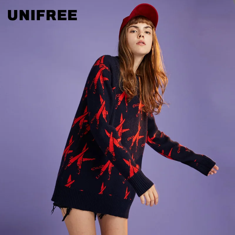 

UNIFREE2019 Autumn New Women's Round Neck Long Sleeve Loose Head Contrast Color Tide Sweater UOC183K054