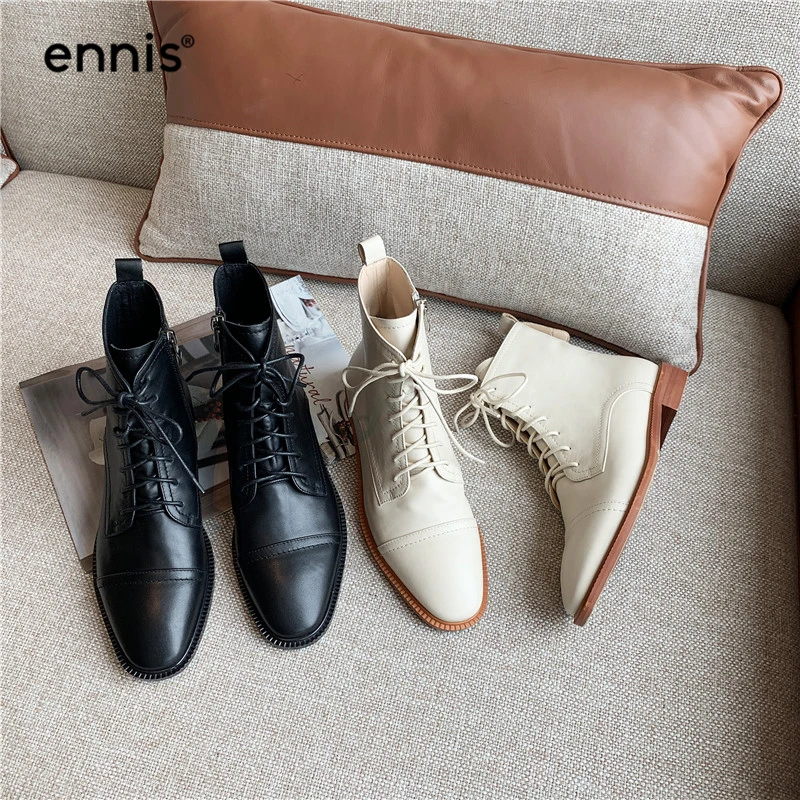 ENNIS/брендовые Ботинки martin на плоской подошве; женские ботинки «Челси» из натуральной кожи; Зимние ботильоны на шнуровке; Женская Осенняя обувь черного цвета на молнии; A9380