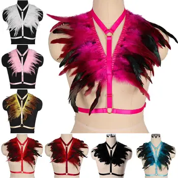 

Multicolor Feather Lingerie Harness Belt Body Bondage Pastel Goth Punk Pole Dance Party Shoulder Epaulets Shawl Soft Strap Bra