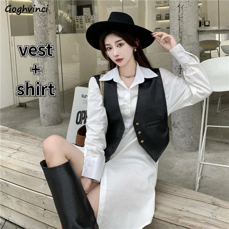 Sets Women PU Vests and Shirts Cool Girls Streetwear Ins Fashion Solid Single Breasted Casual Turn-down Collar High Quality New |