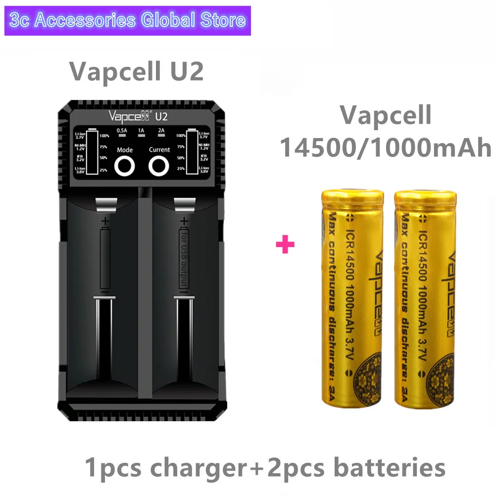2 шт Vapcell 14500 батарея 1000mah 3A аккумуляторная батарея с Vapcell U2 2A быстрое устройство для зарядки для фонарей