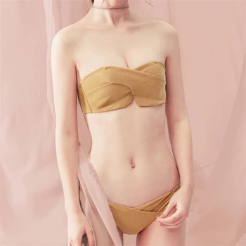 

Cotton and linen deep V gathered bra female non-slip strapless bras wild party wedding underwear set