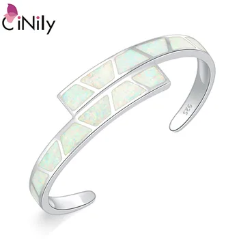 

CiNily Blue & White Fire Opal Stone Open Bangle Silver Plated Adjustable Double Multilayer Bracelet Summer Party Jewelry Female