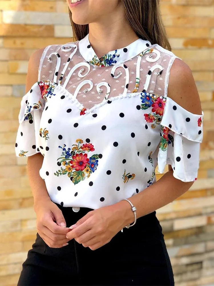 

Vintage Floral Leisure Basic Shirt Cold Shoulder Mesh Insert Print Blouse blusas mujer de moda 2019