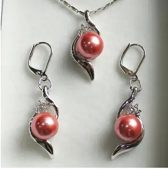 

FREE SHIPPING new perfect match jewelry set 10mm salmon pink shell pearl pendant & earring