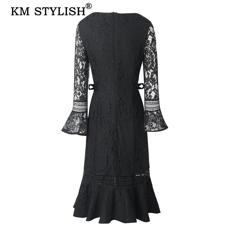 Новая Летняя женская одежда Черный ажурный с прорезями оборки с расклешенными рукавами Повседневное платье для женщин платье русалки
