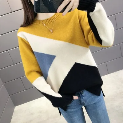 Осень Зима Pull Femme Nouveaute Женский Цветной лоскутный свитер Толстая вязаная одежда трикотажный пуловер Топы - Цвет: Yellow