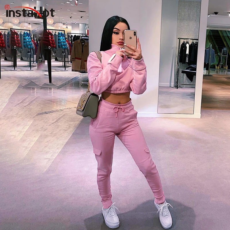 

InstaHot Pink Turtleneck Tracksuit Women Zipper Pullover Crop Top and Tapered Drawstring Pants Two Piece Sets Casual Sporting