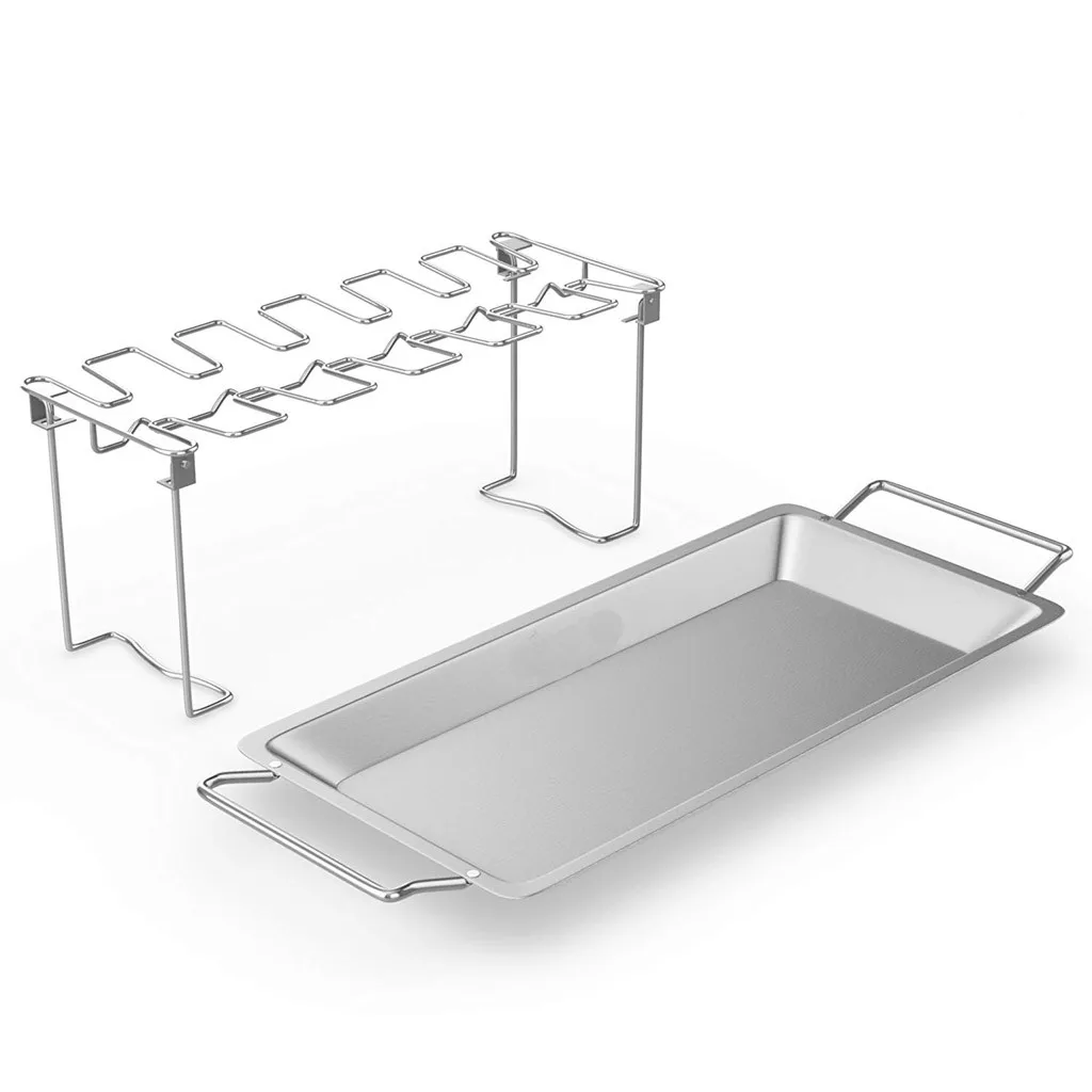 New BBQ Tool Barbecue Grill 1Set Stainless Steel Chicken Wing Leg Rack Grill Holder with Drip Pan for BBQ 38.5 x 16.5 x 15 cm#30