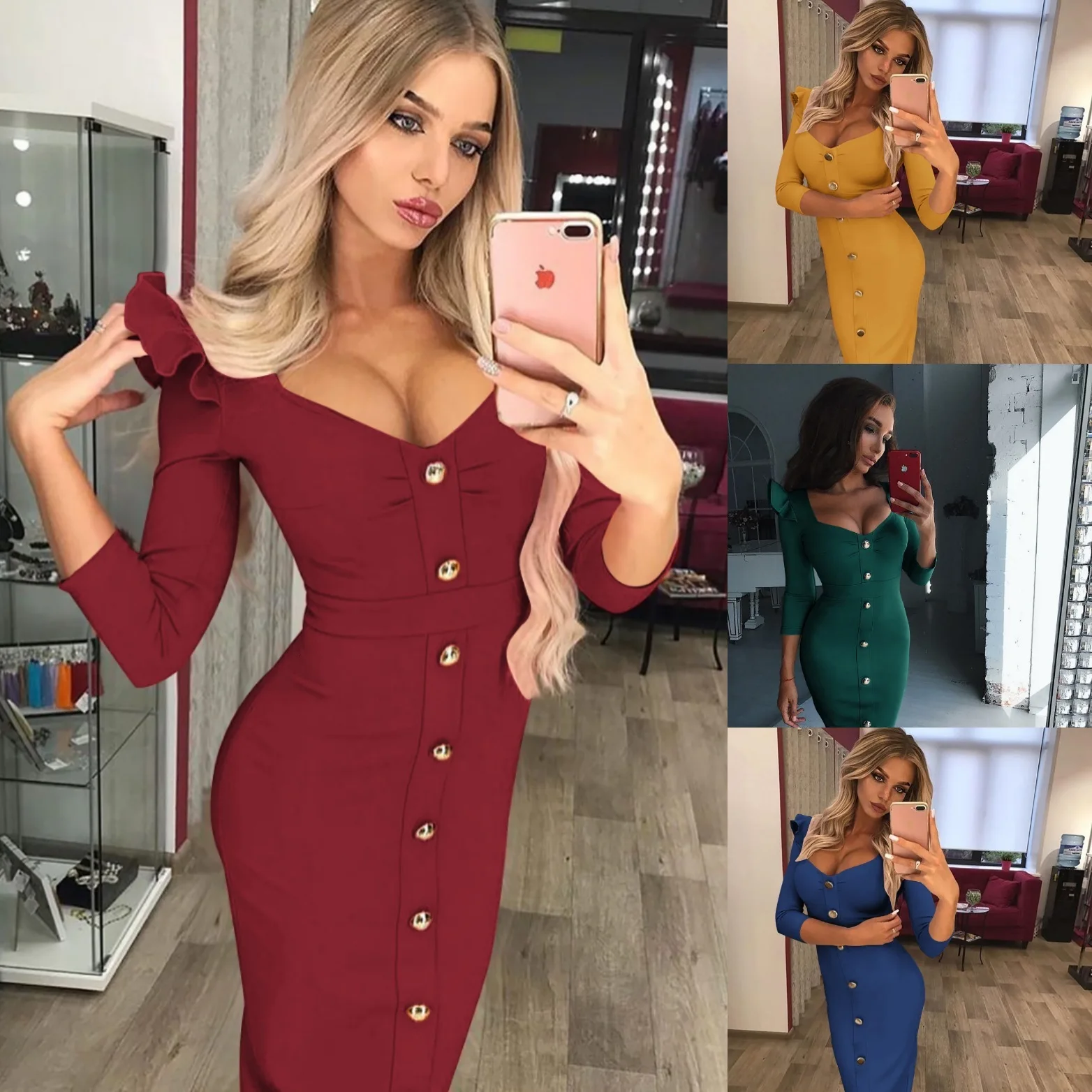 

BGW Sexy V Neck Solid Color Jersey Long Sleeves Straight Cocktail Dresses Zipper Back With Button 2020 Women Dress