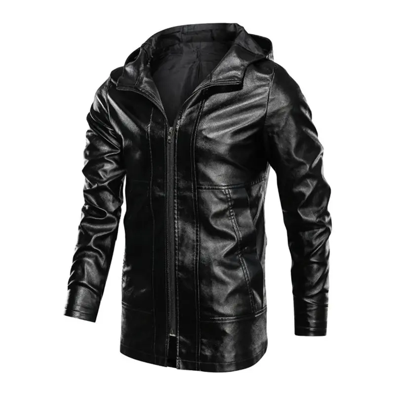 

Men's Hooded Long PU Jackets 2019 Winter Warm Cool Motobike Fale Tops Washed Faux Leather Motorcycle Locomotive Bomber Clothing