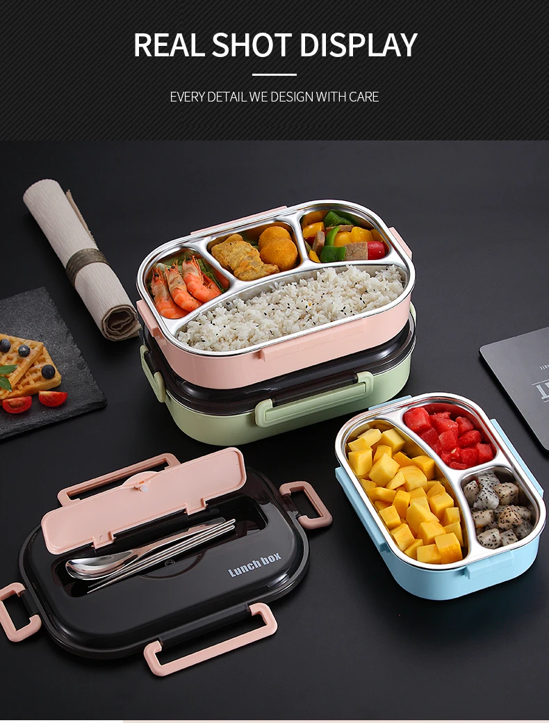 VandHome Japanese Bento Box With Compartments 304 Stainless Steel Lunch Box For Kids Microwave Food Container With Tableware Set