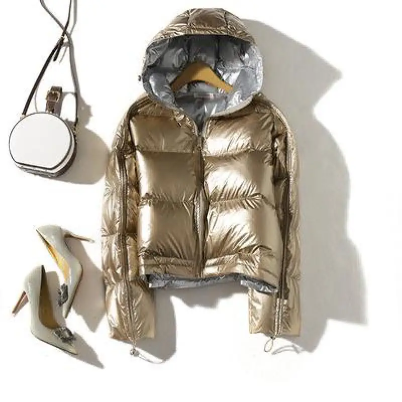 Модная зимняя короткая куртка-пуховик mujer, Женская свободная Двусторонняя одежда с капюшоном, серебристый пуховик, Женская парка, теплая зимняя верхняя одежда