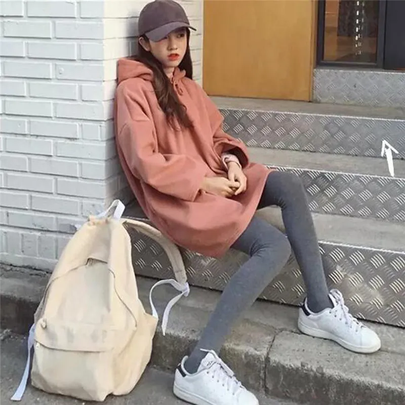 Модные новые женские свободные толстовки в стиле Харадзюку, женские длинные однотонные топы с капюшоном, женские корейские пуловеры для студентов