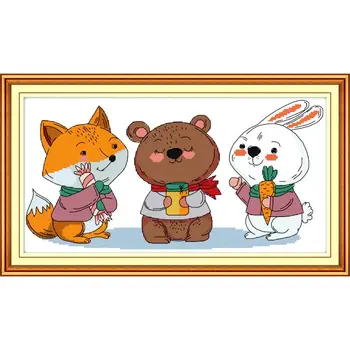 

Fox bear rabbit three friends DIY cross stitch kit DMC 14ct 11ct count print canvas needlework set cartoon cute animal pattern