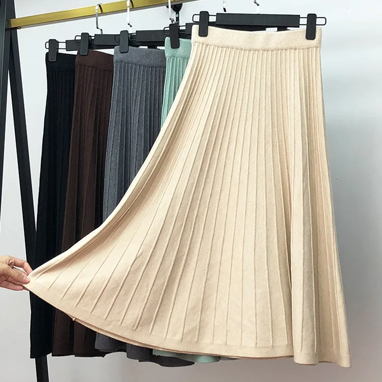 HLBCBG винтажная элегантная зимняя женская юбка-свитер эластичная высокая талия плиссированная миди трикотажная юбка трапециевидная Женская однотонная Плотная юбка