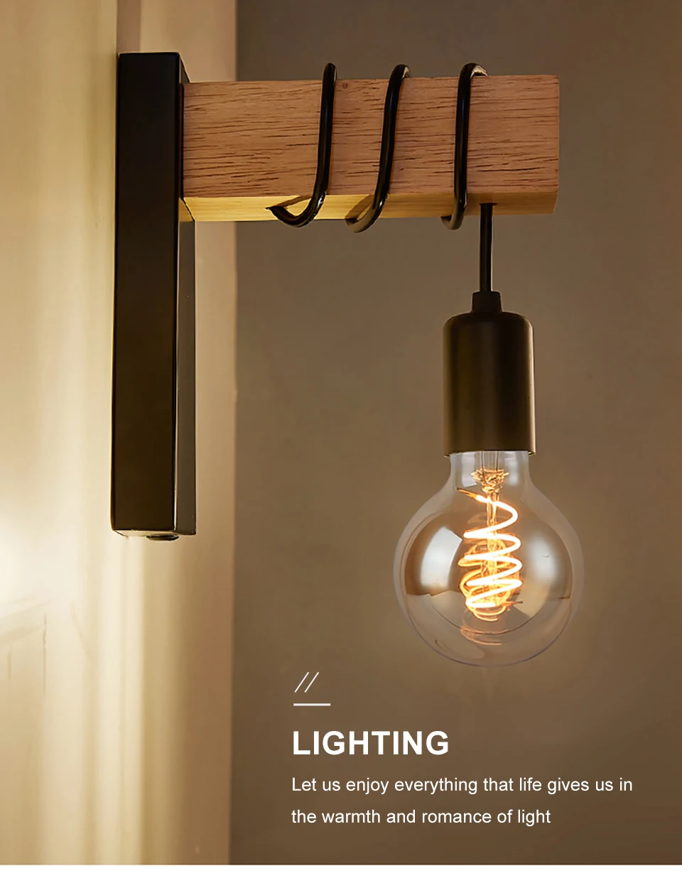 wall lamps Nordic Iron Wood Wall Lamps E27 Retro Industrial Bedside Wall Sconce Lights Fixture Indoor Room For Home Decor Hallway Lighting led wall lights