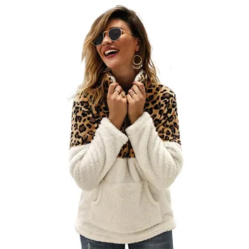 

New Women Hoodie Cotton Packet Zipper Turn Down Leapard Print Long Sleeve Warm Female Fashion Outdoor Clothing