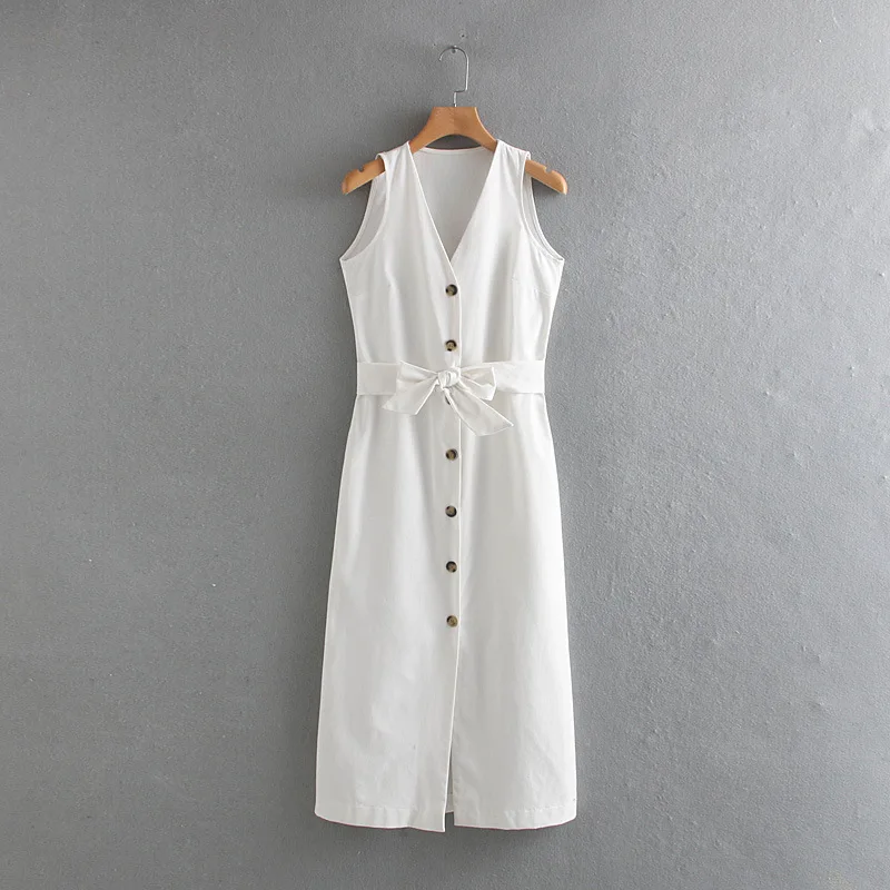 

2019 Spring Europe And America WOMEN'S Dress New Style V-neck Sleeveless Solid Color Dress 8876