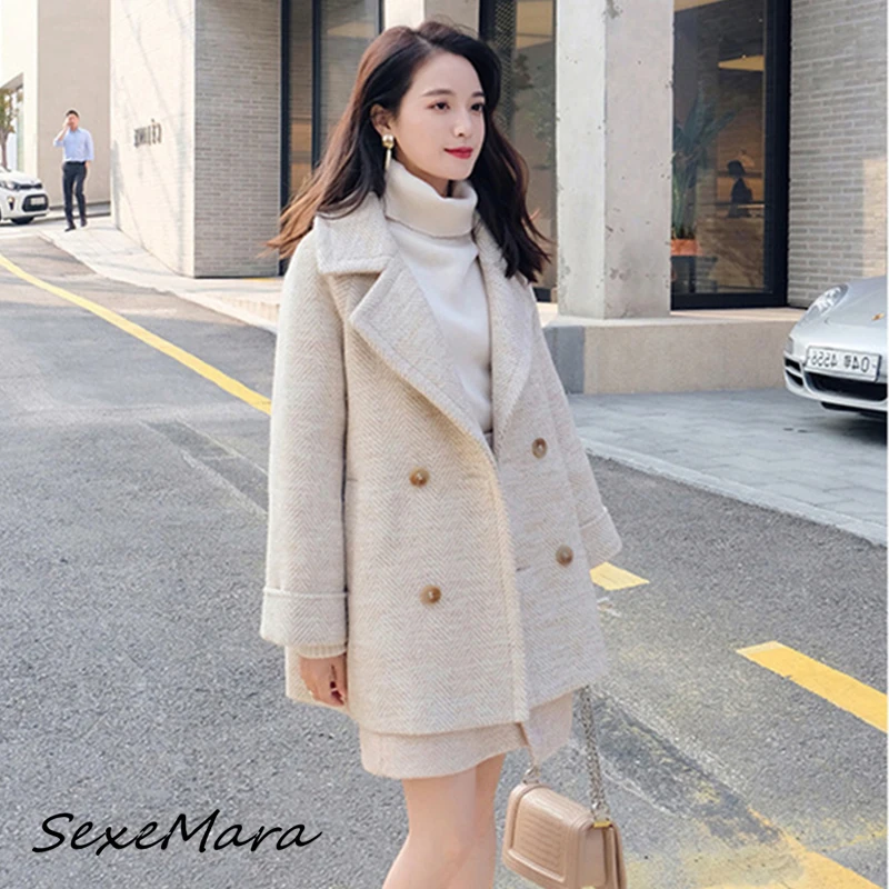 Plus Size Woman Double Breasted Thick Blazer Wool Cashmere Short Coat with Fur for Ladies