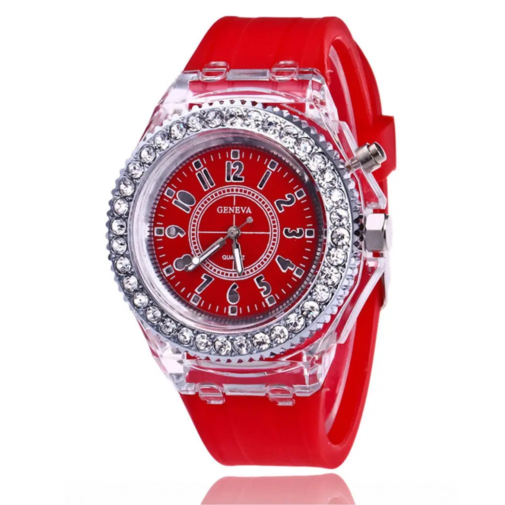 Спортивные женские наручные часы с резиновой лентой для девушек, конфетные часы, пара желе со стразами, светодиодный ночник, кварцевые часы, цветной ремешок - Цвет: 03