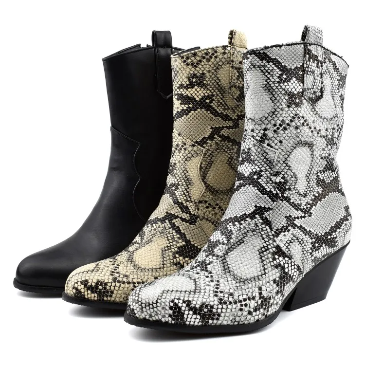 

US4-13 Womens Pointed Toe Ankle Boots Snake Skin Pattern Chunky High Heel Side Zip Shoes Gladiator Warm Winter Plus Size Western