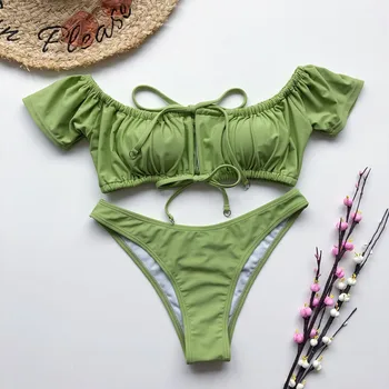 

Bikini Women Pleated Sexy short sleeve off shoulder Bathing Suit