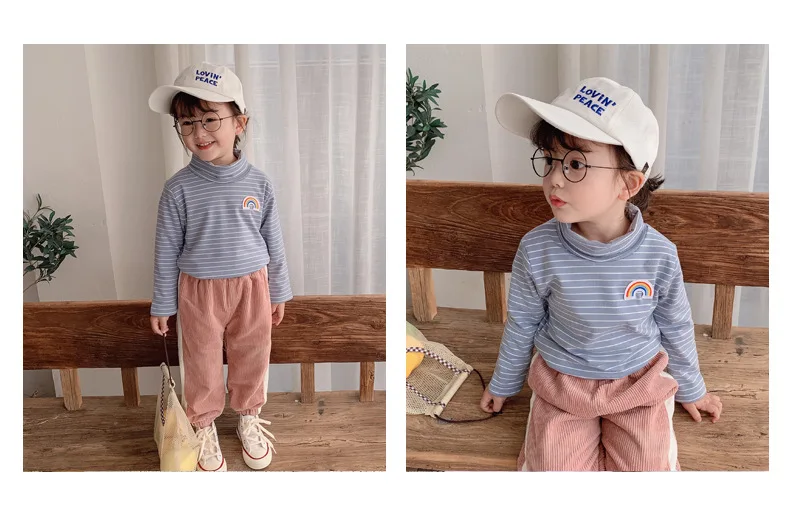 WLG/зимние футболки для мальчиков и девочек детская плотная полосатая Радужная водолазка, футболка с длинным рукавом, повседневные универсальные топы для детей 1-5 лет