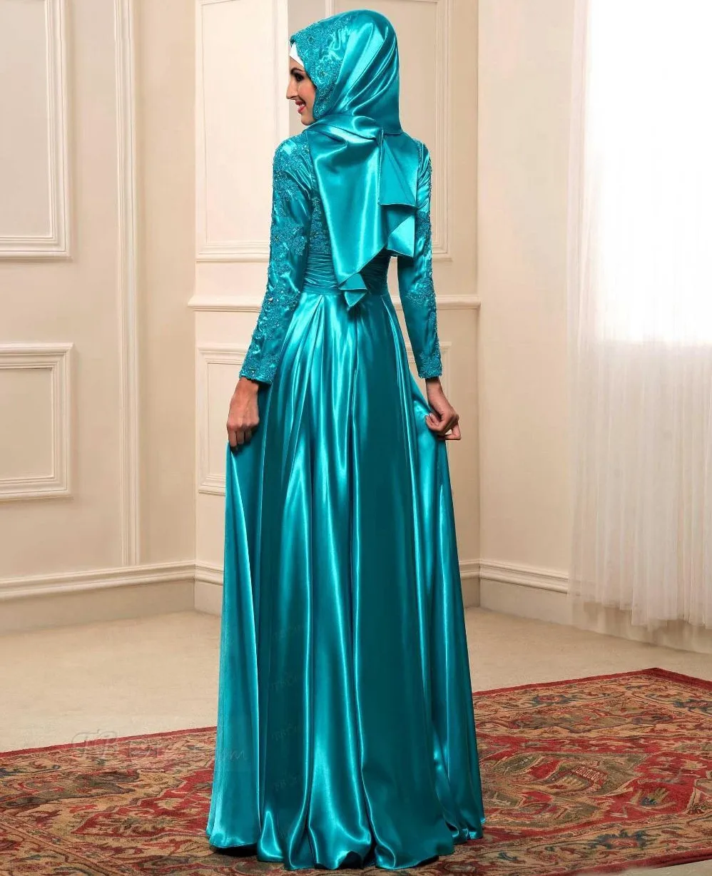 Vestidos De Fiesta Elegantes Saudi Arabia Новинка аппликация длинный рукав бирюзовый зеленый 2 шт платок Дубай мусульманское вечернее платье