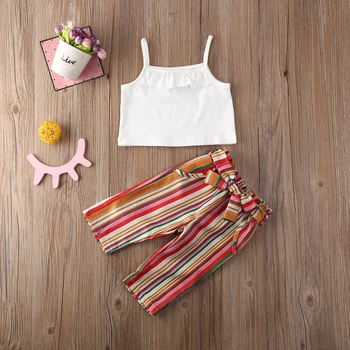

Pudcoco Toddler Baby Girl Clothes Solid Color Sleeveless Strap Crop Tops Striped Short Pants 2Pcs Outfits Clothes Summer Set
