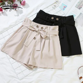

2020 New Shorts Female High-Waisted Shorts Plus Size Loose Office Lady Short Solid Color Bow with Button Street Fashion 9008 50