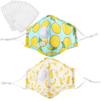 

2PCS Kids Cute Cartoon Mouth Mask Cotton Breathable Anti-Dust Mask Washable with valve Mask with Filter Pads for Outdoor