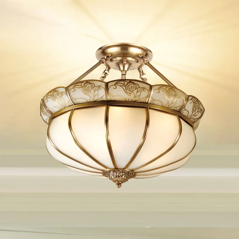 

American Glass Copper Semi-Ceiling Style Aisle Bedroom Study Balcony Ceiling Lamp Simple Circle D39cm AC Bronze Ceiling Lighting