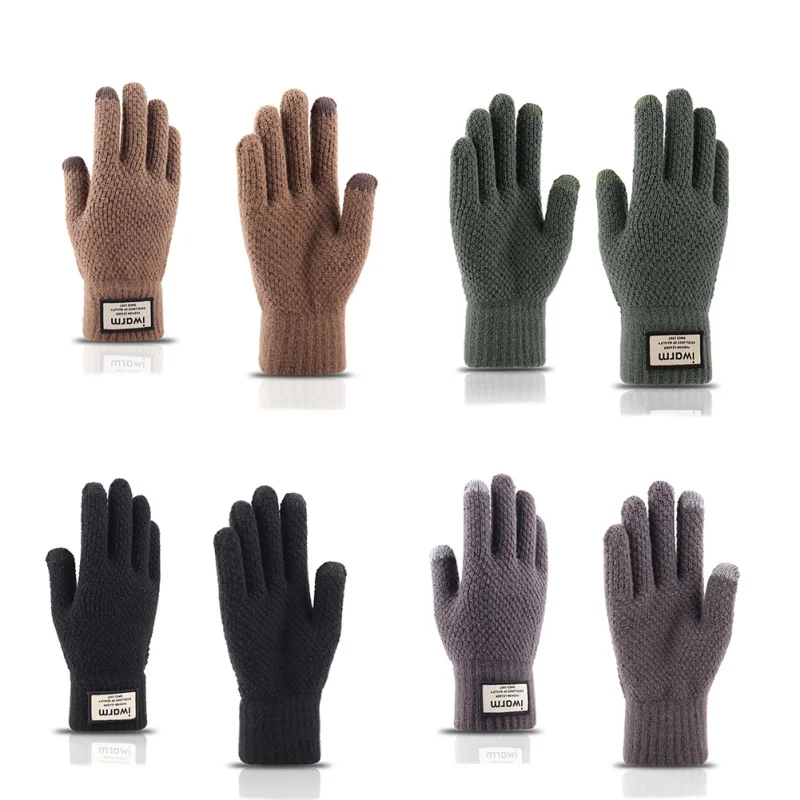 Зимние Бархатные утолщенные уличные теплые перчатки, вязаные шерстяные мужские перчатки с сенсорным экраном